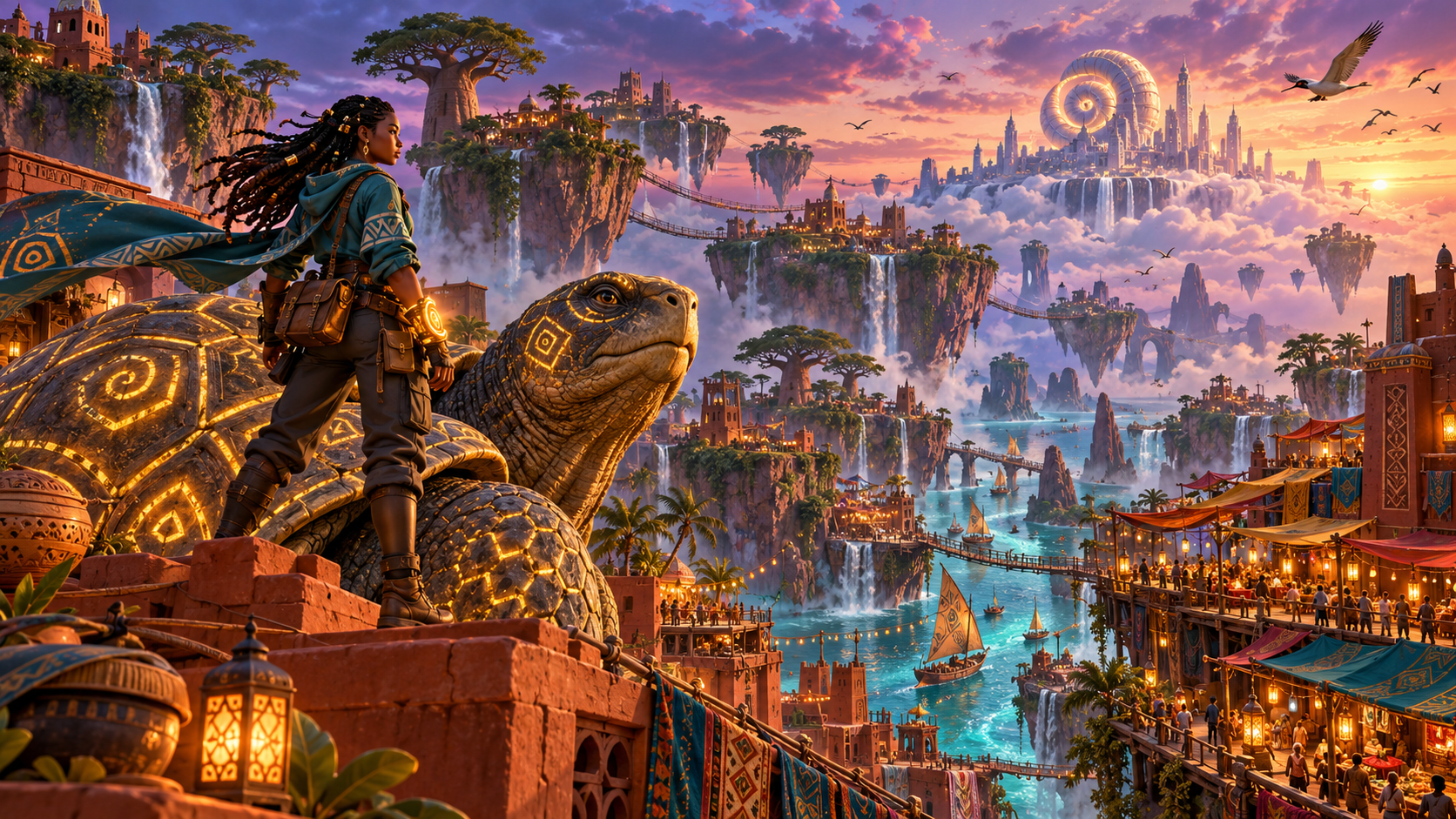 A young adventurer and a giant tortoise overlook a floating market city